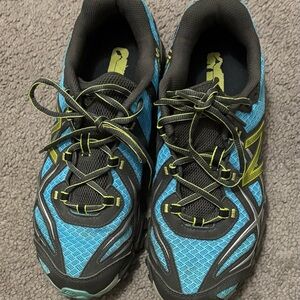 Blue and Black Athletic Shoes with Yellow  Accents